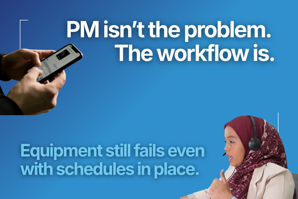 Preventive maintenance concept showing technician using mobile device and operator with headset, highlighting that equipment can still fail despite scheduled maintenance workflows.