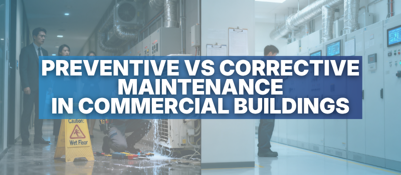 Preventive vs corrective maintenance in commercial buildings showing technician repairing faulty equipment with water leak on one side and clean, well-maintained control room on the other.