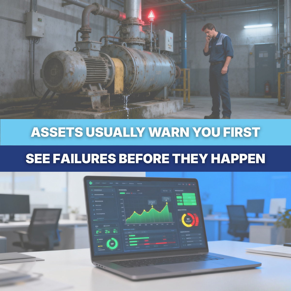 Industrial facility technician inspecting a leaking pump system with warning alert indicators, representing predictive maintenance, asset monitoring, and early failure detection in facility management.
