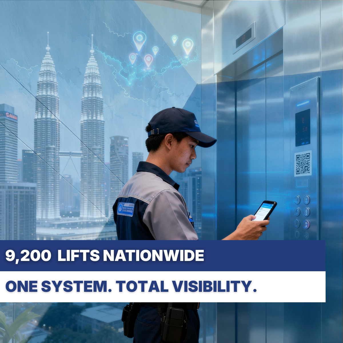 Elevator maintenance technician using a mobile device and QR code system inside a modern lift, representing digital asset management, nationwide maintenance visibility, and smart facility operations.