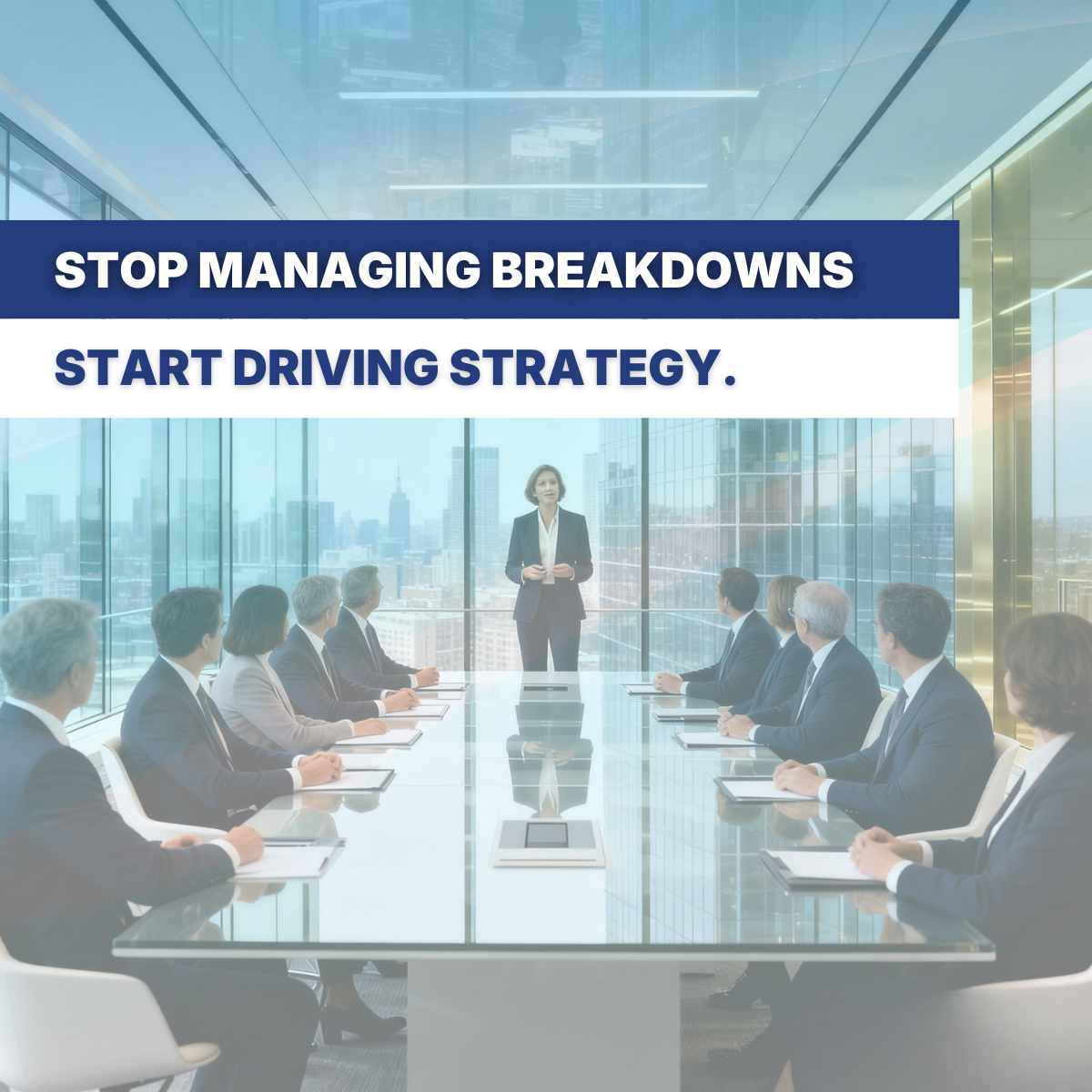 Corporate leadership meeting discussing operational strategy and asset performance analytics in a modern office environment, representing data-driven facility management and strategic decision-making.